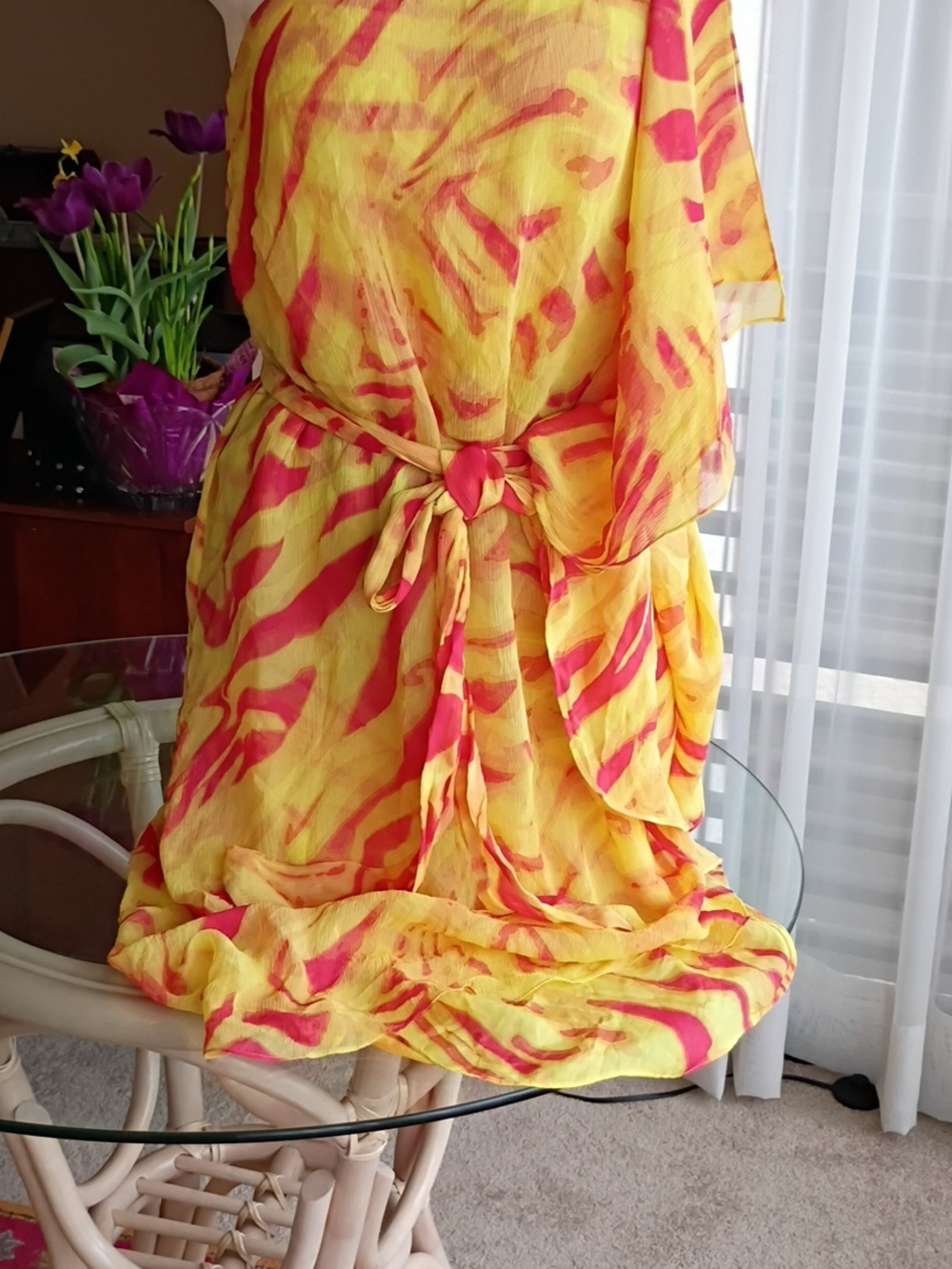 Halston 100 % Silk One-Shoulder Yellow and Red Printed Tie-Waist Dress